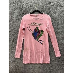 Y2K Ed Hardy Christian Audigier Beaded Long Sleeve Long Shirt Pink Womens Size L